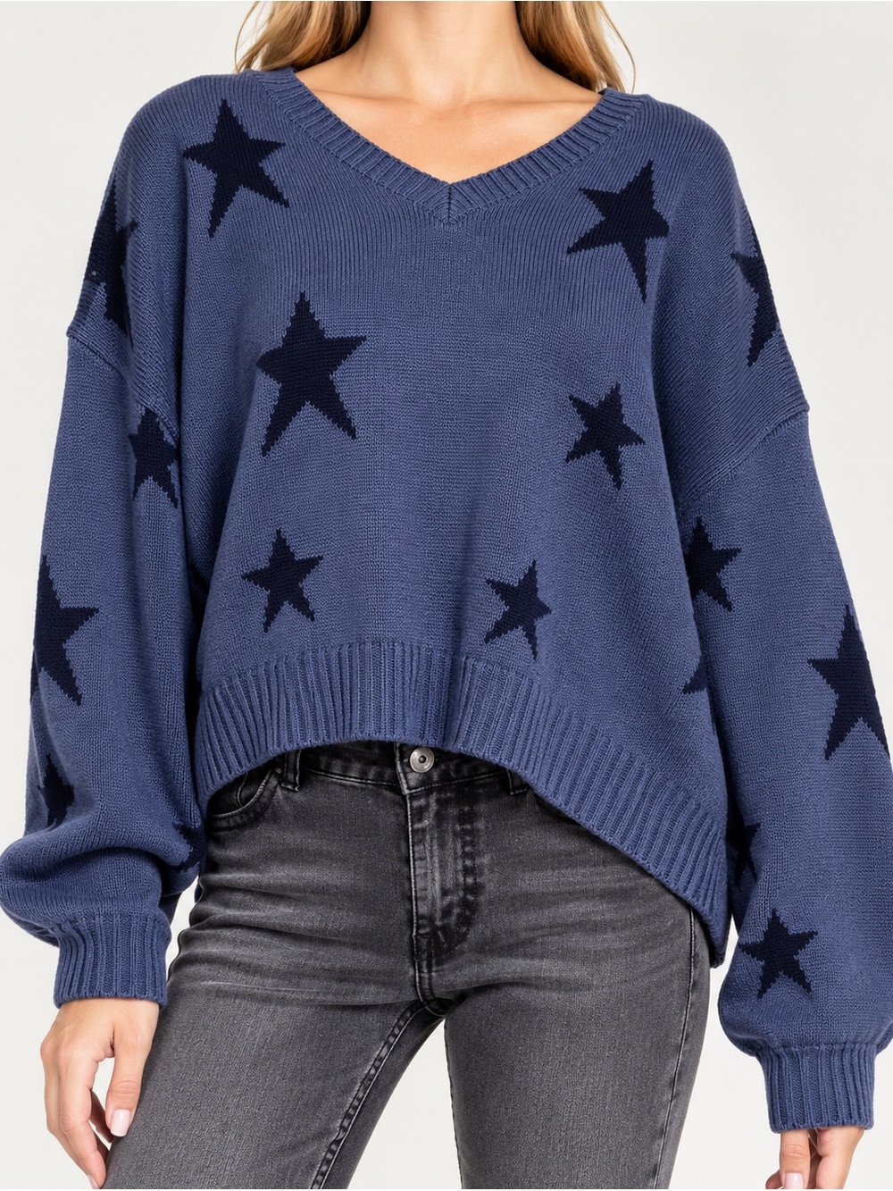 POL Navy Blue Star V-Neck Sweater (407)